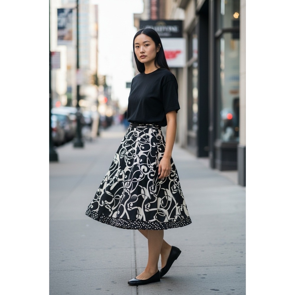 Christopher & Banks Petite 8P Black White Abstract Swirl A-Line Skirt Ruffle Hem